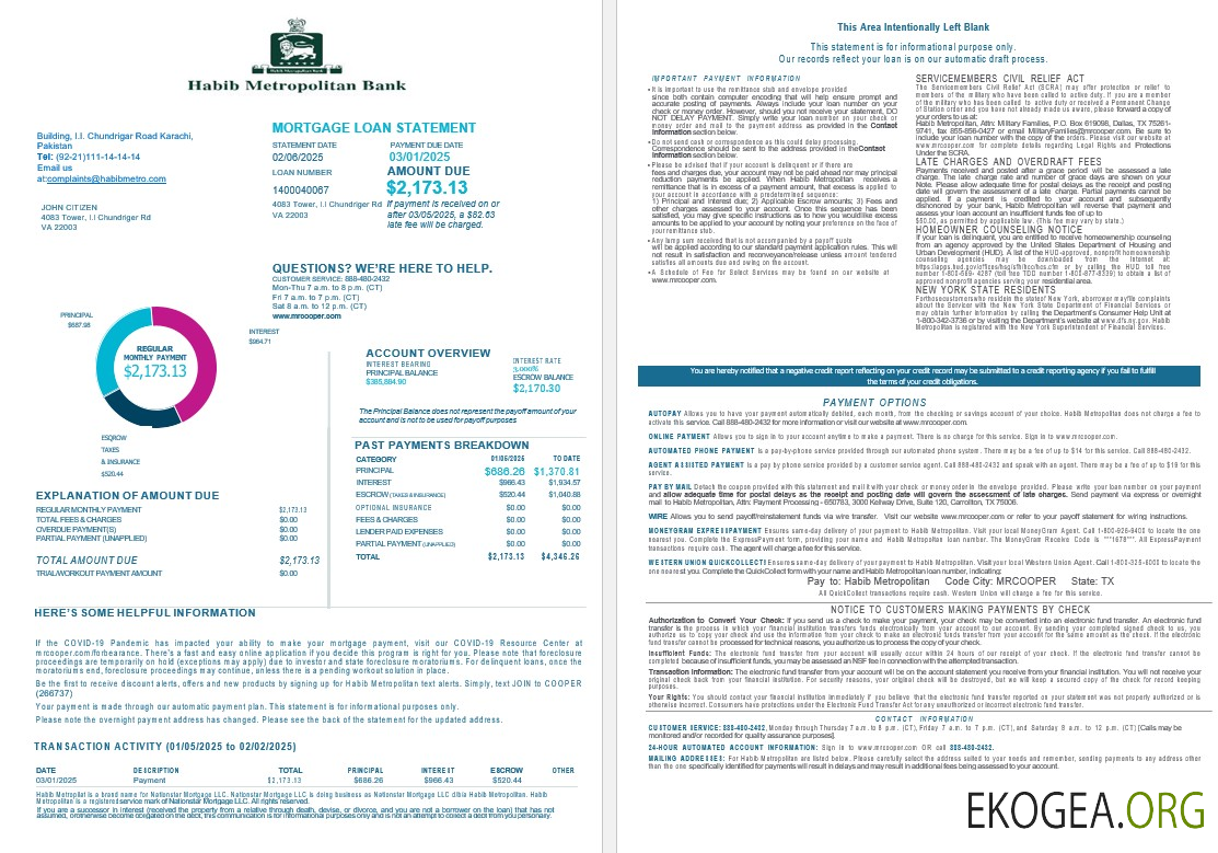 Relevé de prêt hypothécaire Pakistan Habib Metropolitan aux formats Word et PDF, 4 pages 1, 2